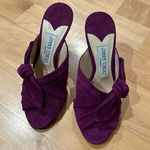 Sexy Jimmy Choo Keely suede magenta bow open toe mules heels sz 35